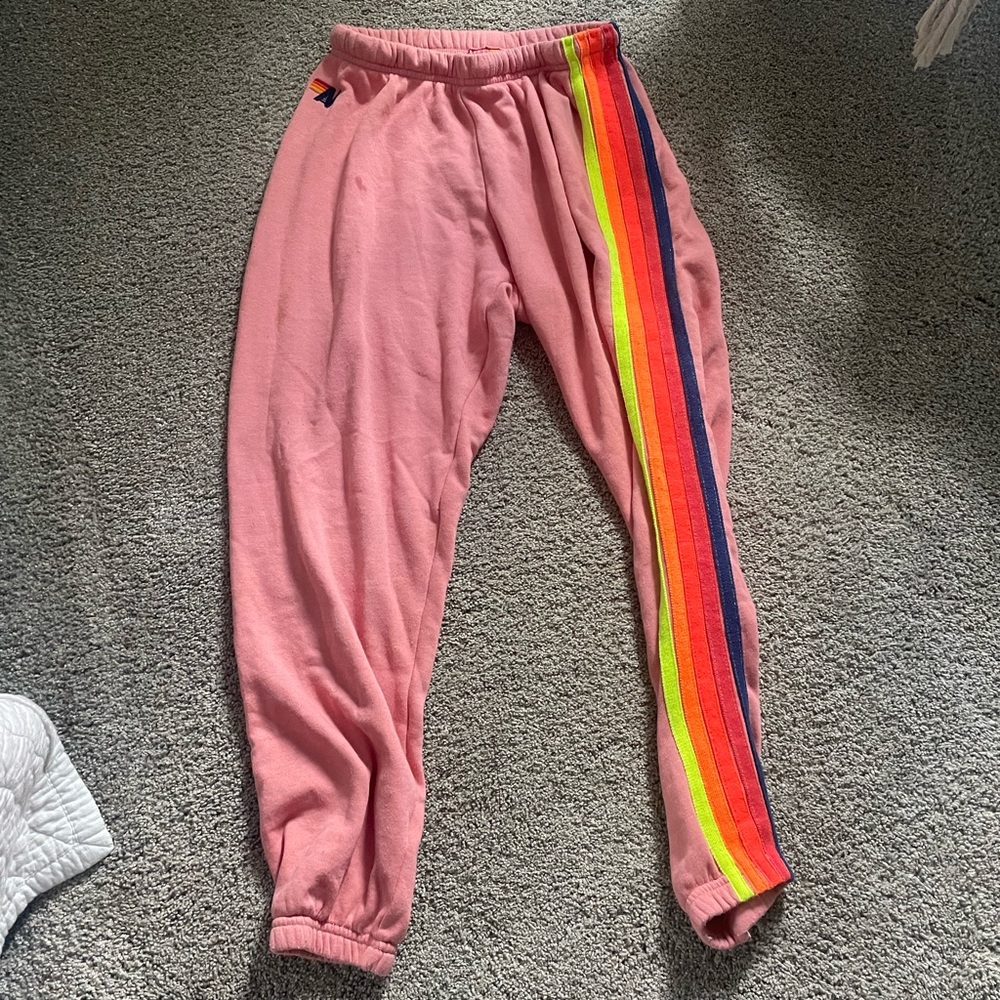 aviator nation pink sweatpants with neon stripes